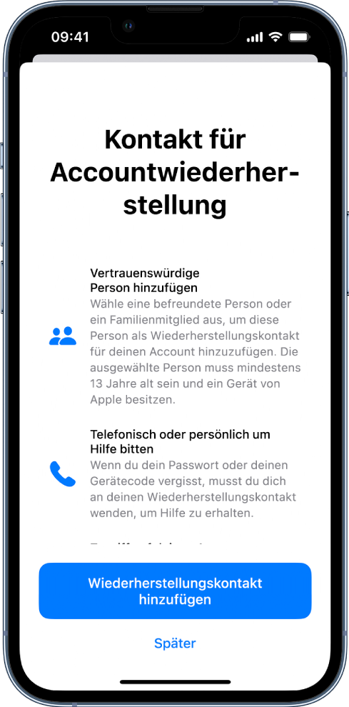 Der Bildschirm „Kontakt für Accountwiederherstellung“ mit Informationen über die Funktion. Die Taste „Kontakt für Accountwiederherstellung hinzufügen“ befindet sich unten.
