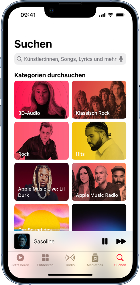 Der Bildschirm zum Suchen mit dem Suchfeld oben. Darunter befindet sich der Bereich „Kategorien durchsuchen“ mit acht Kategorien.