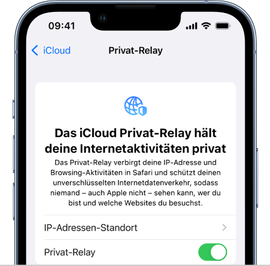 Der Bildschirm „Einstellungen“ zum Aktivieren oder Deaktivieren der Funktion „Privat-Relay“.