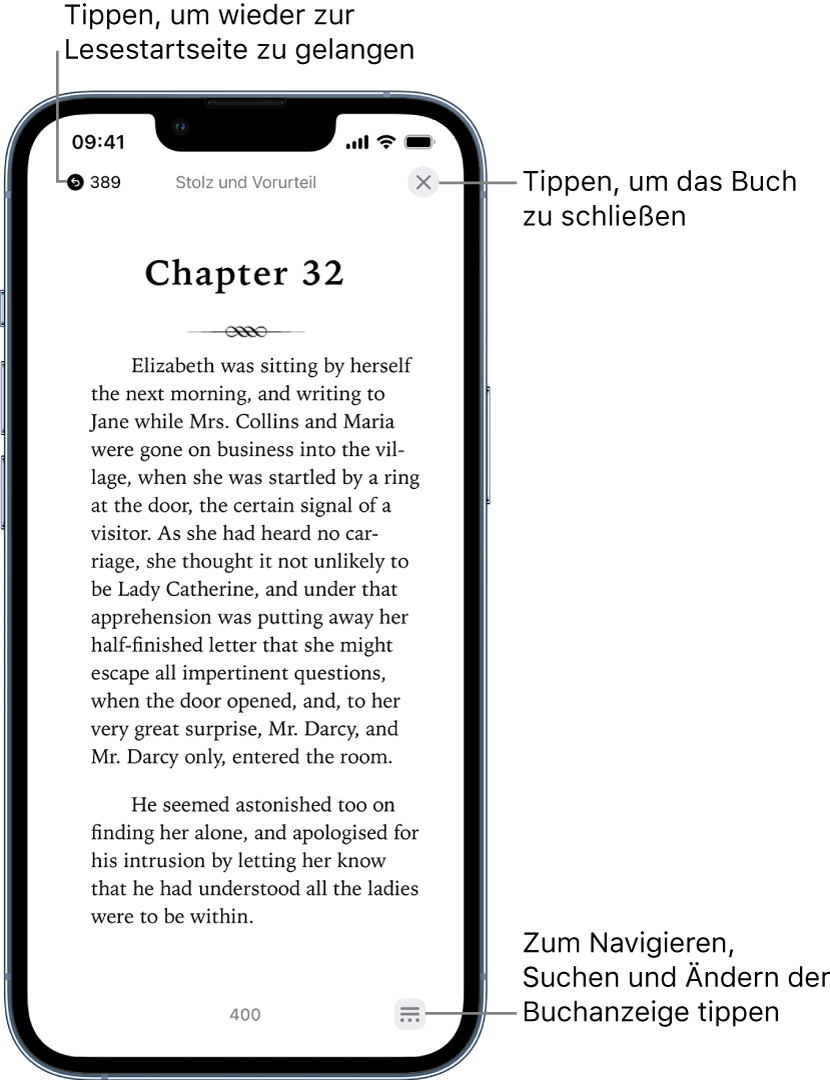 Eine Buchseite in der App „Bücher“. Obern auf dem Bildschirm befinden sich die Tasten zum Zurückkehren zu der Seite, auf der du mit dem Lesen begonnen hast, und zum Schließen des Buchs. Unten rechts auf dem Bildschirm befindet sich die Taste „Menü“.