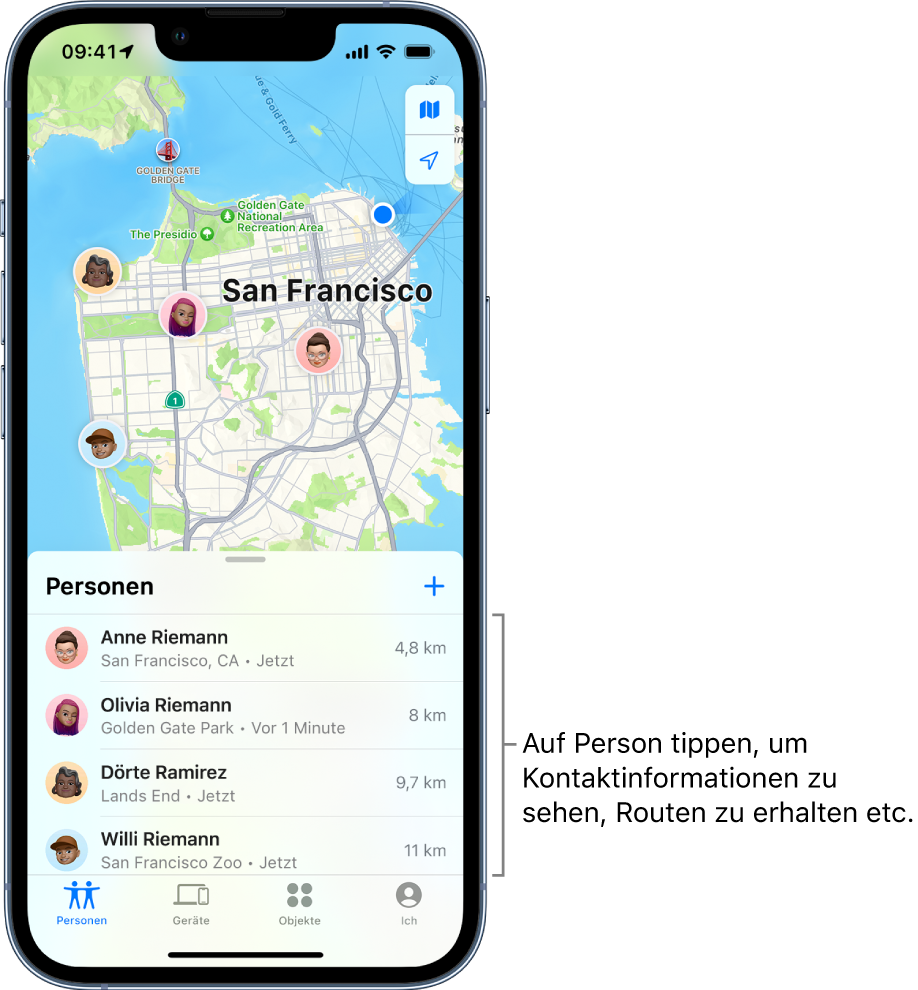 Der Bildschirm „Wo ist?“ mit geöffneter Liste „Personen“. Vier Personen sind aufgelistet: Ashley Rico, Olivia Rico, Dawn Ramirez und Will Rico. Ihre Standorte werden auf einer Karte von San Francisco angezeigt.