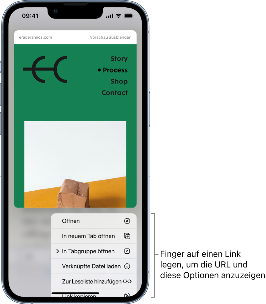 Eine Vorschau der Ziel-URL gefolgt von einer Liste mit möglichen Aktionen: „Öffnen“, „In neuem Tab öffnen“, „In Tabgruppe öffnen“, „Verknüpfte Datei laden“, „Zur Leseliste hinzufügen“ und „Link kopieren“.