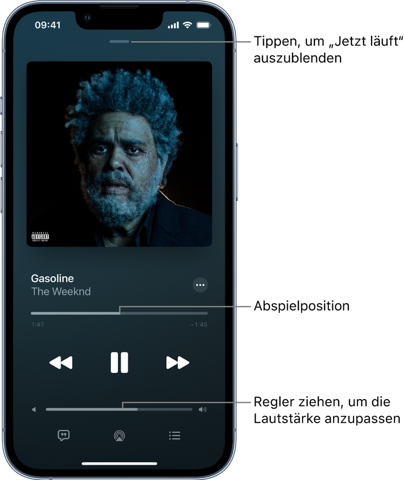 Bildschirm „Jetzt läuft“ mit dem Cover eines Albums. Darunter befinden sich die Namen der Musiktitel, des:der Künstler:in, die Taste „Mehr“, die Abspielposition, die Steuerelemente für die Wiedergabe, der Lautstärkeregler, die Taste „Liedtext“, die Taste „Wiedergabeziel“ und die Taste „Warteliste“. Die Taste zum Ausblenden des Bildschirms „Jetzt läuft“ ist ganz oben.
