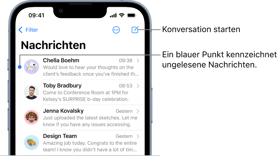 Die Nachrichtenliste mit der Taste „Filter“ oben links und der Taste „Erstellen“ oben rechts. Ein blauer Punkt links neben einer Nachricht besagt, dass die betreffende Nachricht noch nicht gelesen wurde.