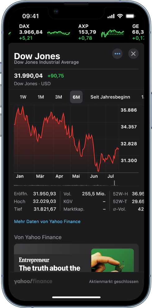 In der Mitte des Bildschirms zeigt ein Diagramm die Entwicklung einer Aktie im Verlauf eines Tages. Über dem Diagramm befinden sich Tasten zum Anzeigen der Aktienentwicklung für einen Tag, eine Woche, einen Monat, drei Monate, sechs Monate, ein Jahr, zwei Jahre oder fünf Jahre. Unter dem Diagramm sind Details zur Aktie zu sehen, etwa Eröffnungspreis, Hoch, Tief und Marktkapitalisierung. Unten auf dem Bildschirm befindet sich eine Story von Apple News.