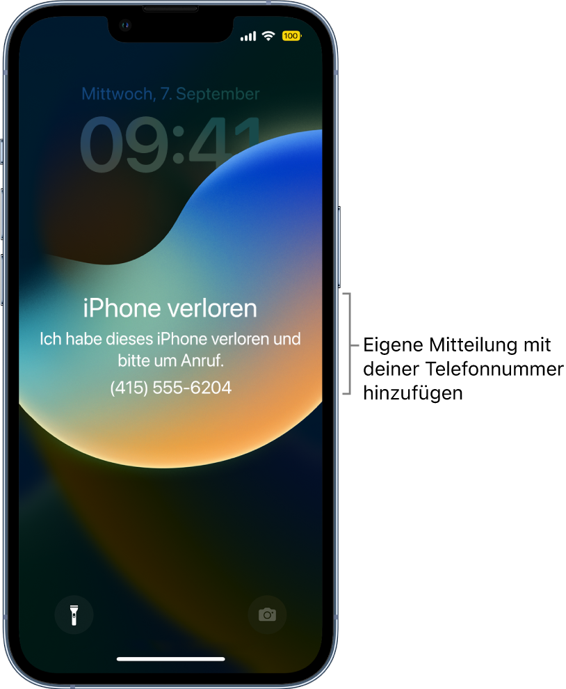 Ein iPhone-Sperrbildschirm mit der Nachricht: „iPhone verloren“. Ich habe dieses iPhone verloren und bitte um Anruf. (415) 555-6204.“ Du kannst eine eigene Nachricht mit deiner Telefonnummer hinzufügen.