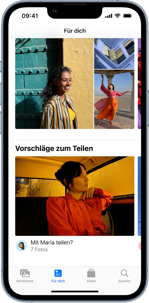 Die ausgewählte Taste „Für dich“ unten in der App „Fotos“. Der Bildschirm „Mit dir geteilt“ mit einigen Vorschlägen zum Teilen. Unter dem zum Teilen vorgeschlagenen Foto befindet sich der Name des Kontakts zum Teilen und die Anzahl der weiteren Fotos in der Sammlung der Vorschläge zum Teilen.