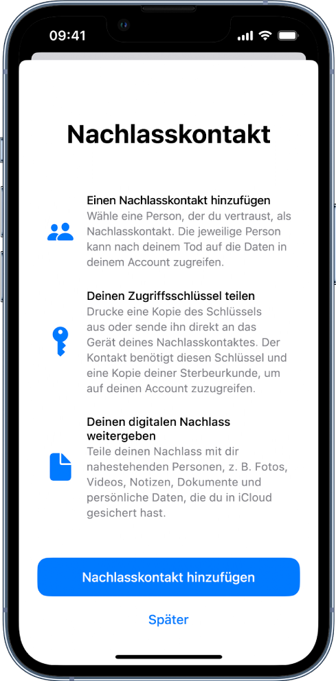 Der Bildschirm „Nachlasskontakt“ mit Informationen über die Funktion. Die Taste „Nachlasskontakte hinzufügen“ befindet sich unten.
