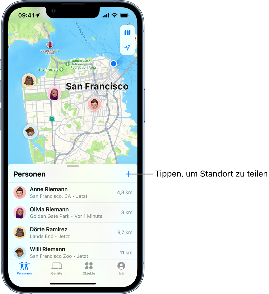 Der Bildschirm „Wo ist?“ mit geöffneter Liste „Personen“. Vier Personen sind aufgelistet: Anne Riemann, Olivia Riemann, Dörte Ramirez und Willi Riemann. Tippe oben in der Liste „Personen“ auf die Taste „Hinzufügen“, um deinen Standort zu teilen.