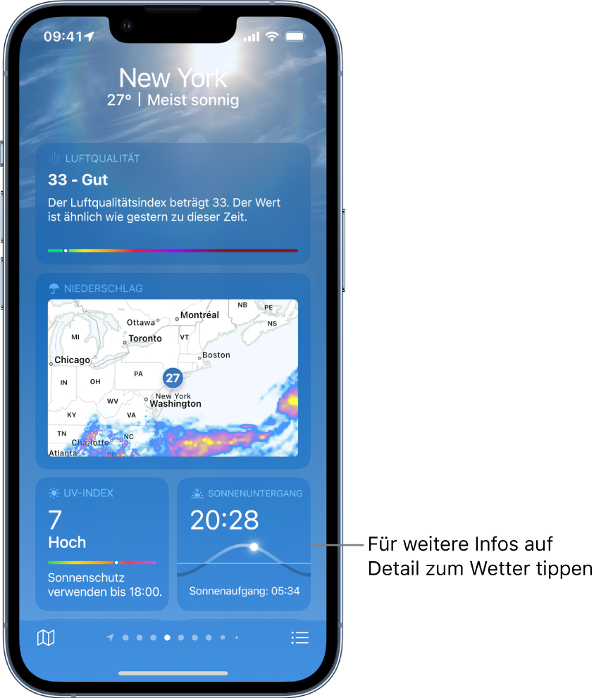 Der Bildschirm „Wetter“ mit dem Standort oben sowie der aktuellen Temperatur und Wetterlage. Darunter befinden sich Wetterdetails für die folgenden Aspekte: Luftqualität, Niederschlag, UV-Index und Sonnenuntergang.