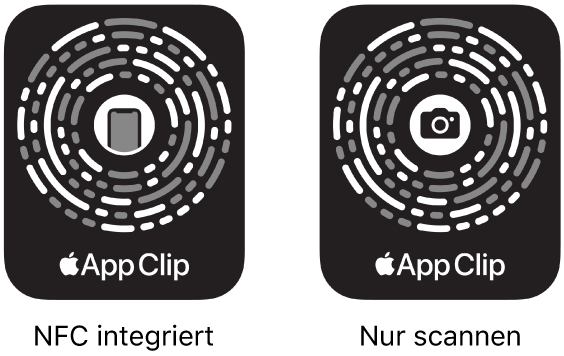 Links ist ein NFC-integrierter App Clip-Code mit einem iPhone-Symbol in der Mitte zu sehen. Rechts ist ein scanbarer App Clip-Code mit einem Kamerasymbol in der Mitte zu sehen.