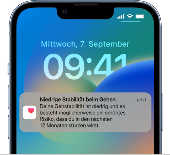 Im Sperrbildschirm wird eine Mitteilung über eine niedrige Gehstabilität angezeigt.