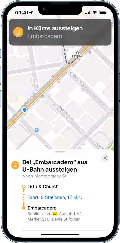 Eine Karte mit einer ÖPNV-Route und einer Mitteilung, dass du bald aussteigen musst.