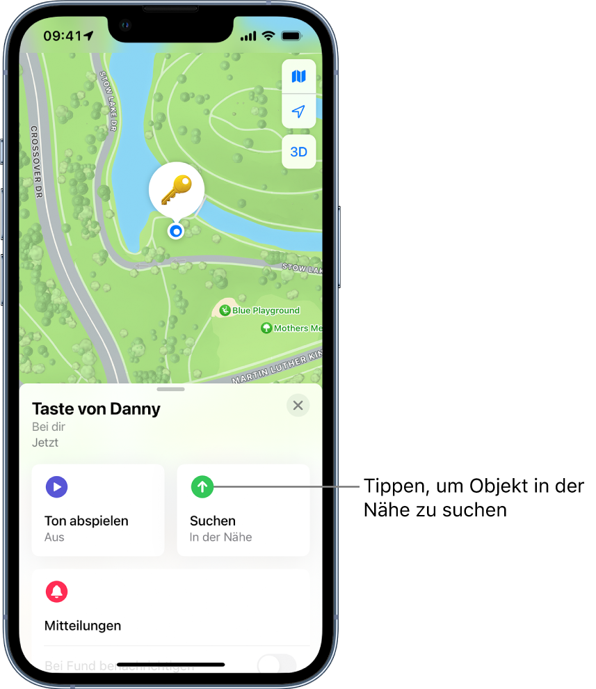 Die geöffnete App „Wo ist?“, die zeigt, dass sich die Schlüssel von Danny im Golden Gate Park befinden. Tippe auf die Taste „Suchen“, um ein Objekt in der Nähe zu finden.