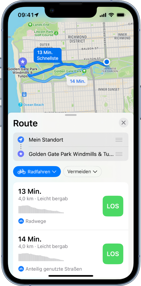 Eine Karte mit zwei Fahrradrouten. Die Routenkarte unten enthält Details zu den Routen, inklusive der voraussichtlichen Wegzeit, Höhenunterschieden und Straßenarten. Die Taste „Los“ wird neben jeder Routenbeschreibung angezeigt.