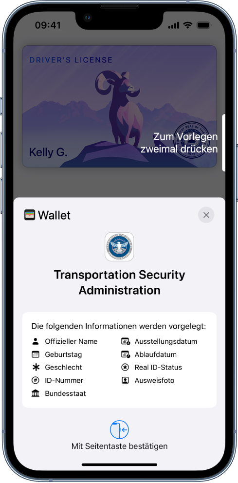 Ein Bildschirm mit den von der TSA angeforderten Informationen, darunter Name, Geburtsdatum, Ausweisnummer, Ausweisbild und mehr.