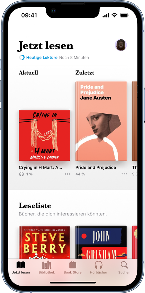 Der Bildschirm „Jetzt lesen“ in der App „Bücher“. Unten auf dem Bildschirm sind von links nach rechts die Tabs „Jetzt lesen“, „Bibliothek“, „Book Store“, „Hörbücher“ und „Suchen“ zu sehen.