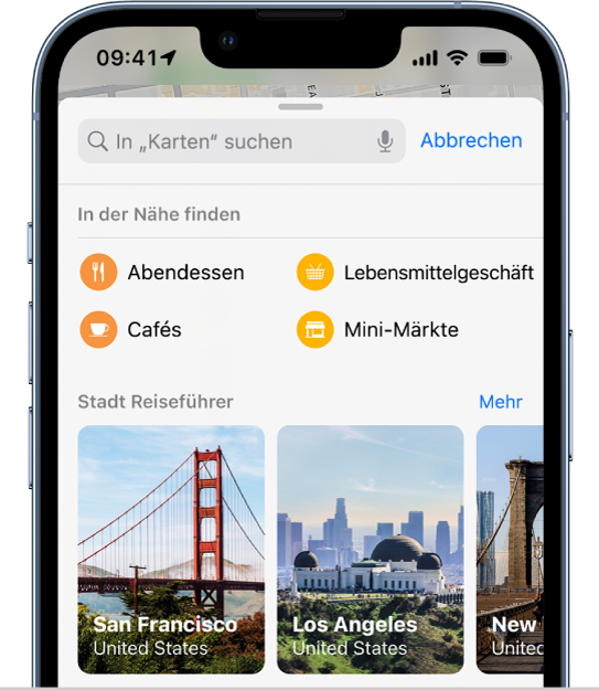 Kategorien in der Nähe unter dem Suchfeld, einschließlich Restaurant und Cafés.