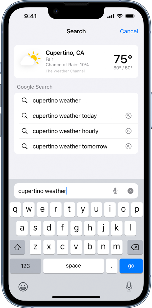 At the bottom of the screen is the Safari search field, containing the text “cupertino weather.” At the top of the screen is a result from the Weather app, showing the current weather and temperature for Cupertino. Below that are Google Search results. On the right side of each result is an arrow to link to the specific search result page.
