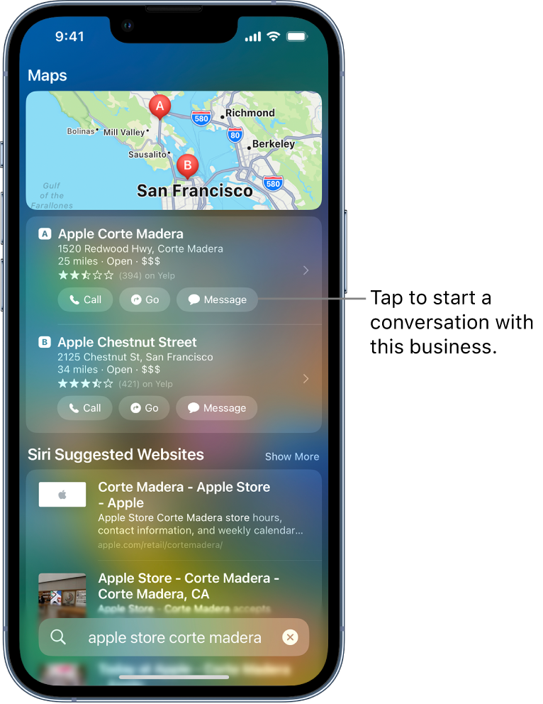 The Search screen showing found items for Maps. Each result shows a name, address, and other details. The first two results show a button to tap to call, get directions to, or start a Messages conversation with the business.