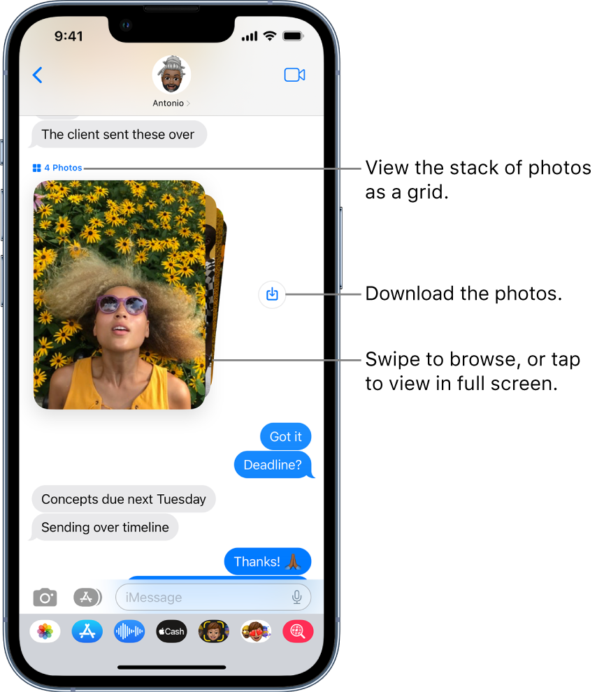 A conversation in Messages including a collection of photos of people and flowers next to a Save button.
