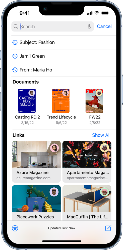 The search field in the Mail app. The search field is empty, but the predictive search results that fill the screen from top to bottom are an email subject, email recipients, the email sender, documents, and links.