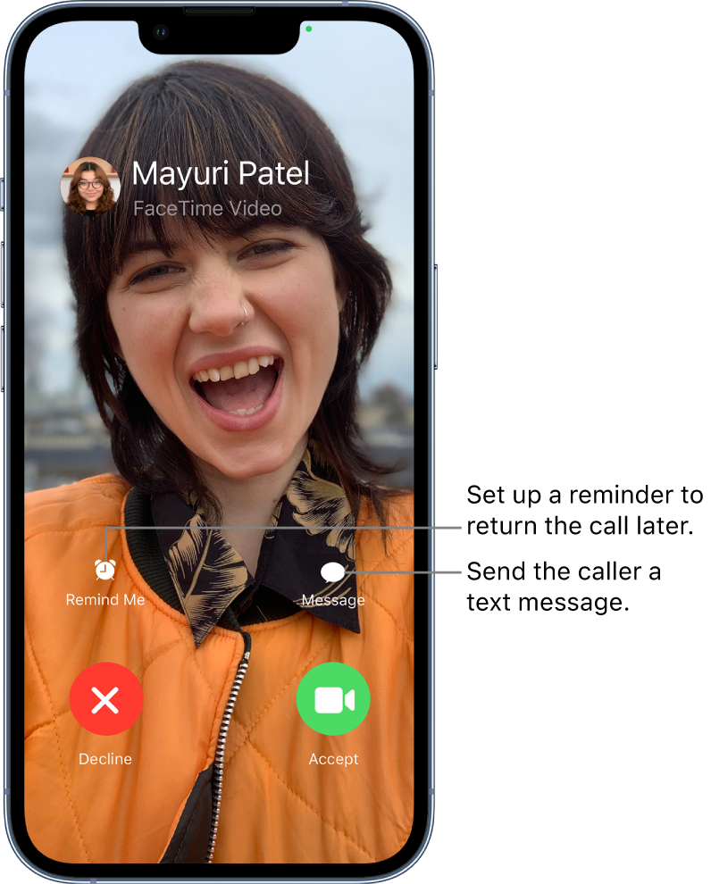 The incoming call screen. At the bottom of the screen, in the top row, from left to right, are the Remind Me and Message buttons. In the bottom row, from left to right, are the Decline and Accept buttons.