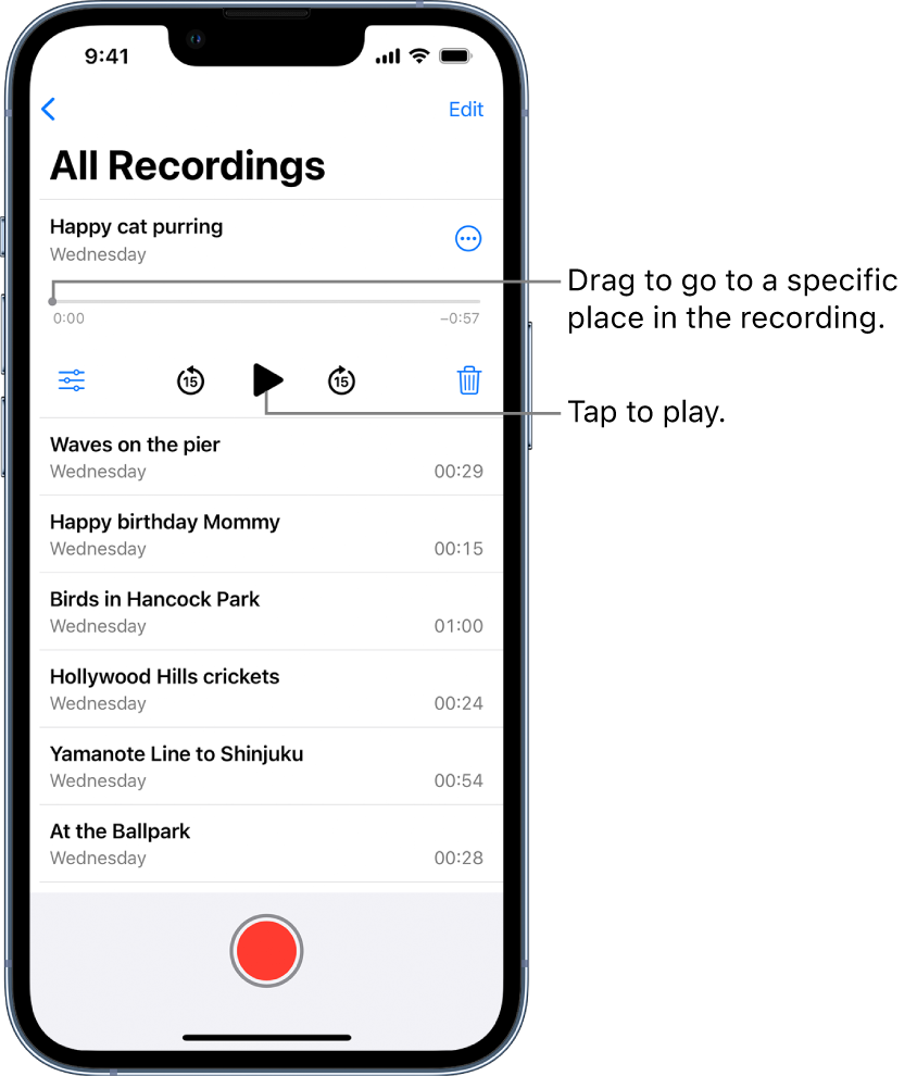 The Voice Memos list screen with a selected recording at the top. The recording timeline has a playhead, which you can drag to go to a specific place in the recording. There are beginning and end times at either end of the timeline. Above the timeline is the More Actions button, which you can tap to copy, share, edit, or duplicate a recording, and more. Below the timeline are the Playback Settings button, which you can use to set playback options, the skip back 15 seconds button, the play button, the skip forward 15 seconds button, and the delete button. Below these controls is a list of recordings that can be opened with a tap.