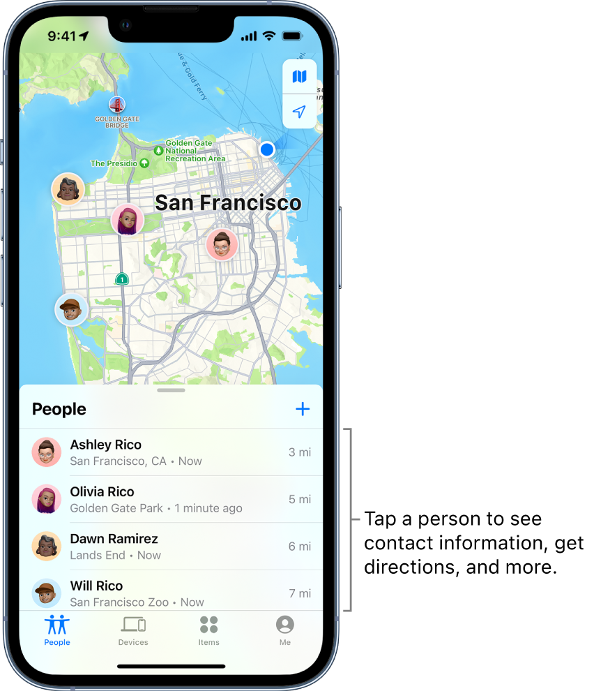 The Find My screen open to the People list. There are four people in the list: Ashley Rico, Olivia Rico, Dawn Ramirez, and Will Rico. Their locations are shown on a map of San Francisco.