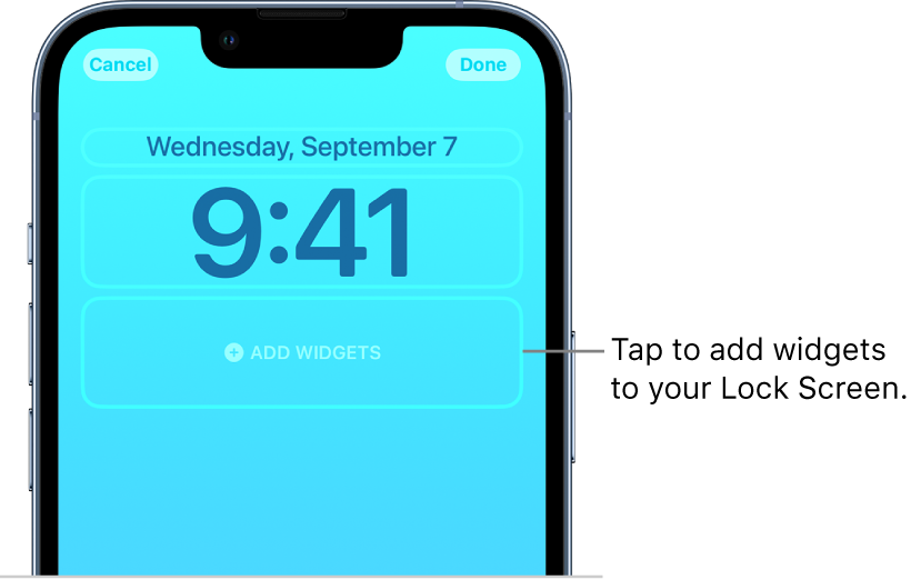A custom Lock Screen in the process of being created. Elements available for customization are selected—the date, the time, and a button for adding widgets.
