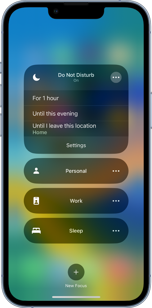 The screen for choosing how long to leave on Do Not Disturb—the options are “For 1 hour,” “Until this evening,” and “Until I leave this location.”