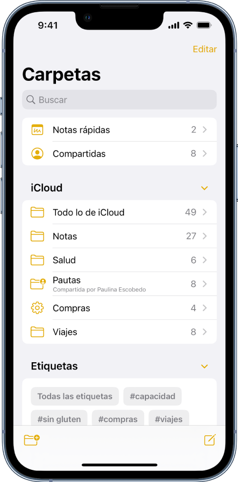 La lista Carpetas en la app Notas, con el campo de búsqueda en la parte superior.