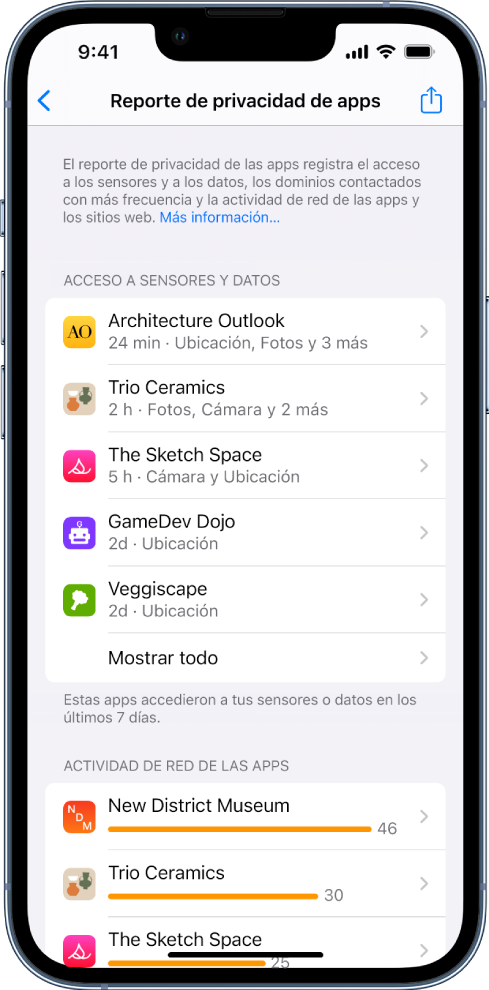 Un reporte de privacidad de apps mostrando información sobre cinco apps de la categoría Acceso a sensores y datos, así como información sobre tres apps para la categoría Actividad de red de las apps.