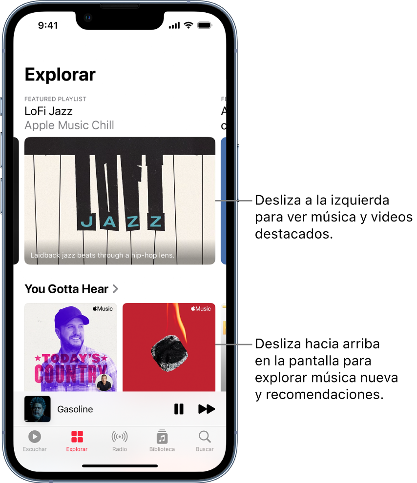 La pantalla Explorar mostrando una plyslits destacada en la parte superior. Puedes deslizar hacia la izquierda para ver más música y videos destacados. La sección No te lo puedes perder aparece debajo con dos estaciones de Apple Music. Puedes deslizar hacia arriba en la pantalla para explorar música nueva y recomendada.