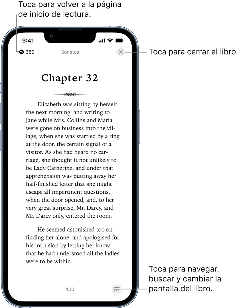 Una página en un libro en la app Libros. En la parte superior de la pantalla hay botones para regresar a la página desde la que se empezó a leer y para cerrar el libro. En la parte inferior derecha de la pantalla está el botón Menú.