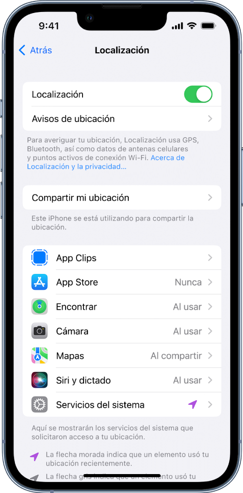 La pantalla Localización con la configuración para compartir la ubicación de tu iPhone, incluyendo ajustes personalizados para apps específicas.