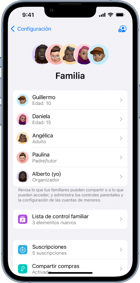 La pantalla de Compartir en familia en Configuración. Aparecen cinco integrantes de la familia. Debajo de sus nombres se encuentra la lista de control familiar y las opciones Suscripciones, Compartir compras y Compartir ubicación.