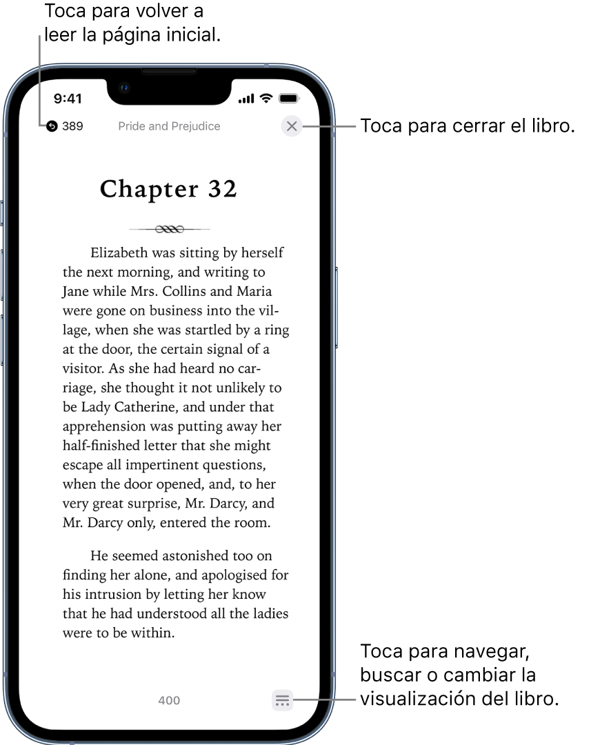 Página de un libro en la app Libros. En la parte superior de la pantalla están los botones para volver a la página en la que habías empezado a leer y para cerrar el libro. En la parte inferior derecha de la pantalla se encuentra el botón Menú.
