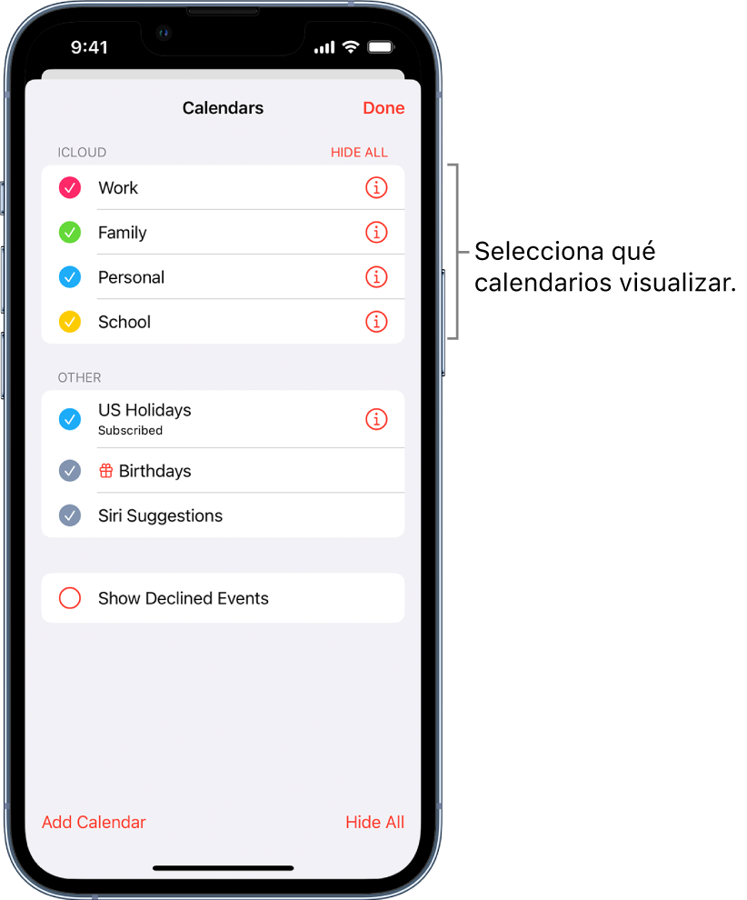 Lista de calendarios con marcas de verificación que indican qué calendarios están activos. El botón OK para cerrar la lista se encuentra en la esquina superior derecha.