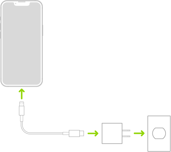 iPhone conectado al adaptador de corriente enchufado a una toma de corriente.