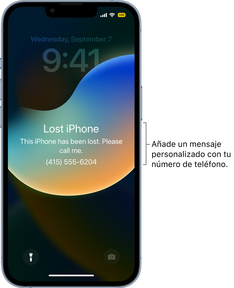 Pantalla de bloqueo de un iPhone con el mensaje: “iPhone perdido. Este iPhone se ha perdido. Llámame. (415) 555-6204”. Puedes añadir un mensaje personalizado con tu número de teléfono.