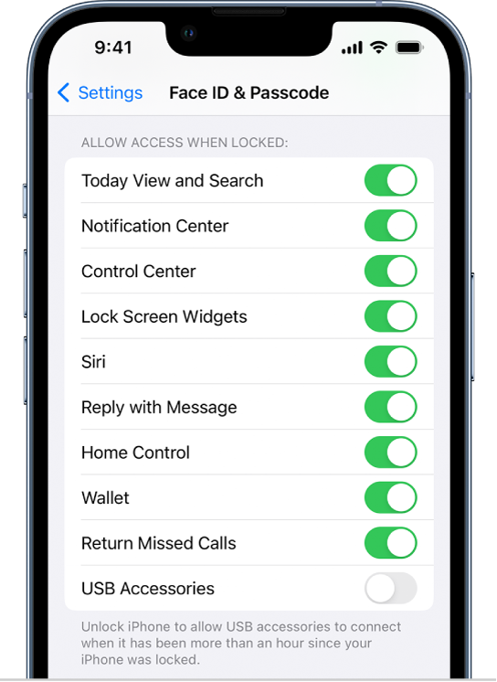 Kuva Face ID and Passcode, kus on seaded kindlatele funktsioonidele juurdepääsu lubamiseks, kui iPhone on lukustatud.