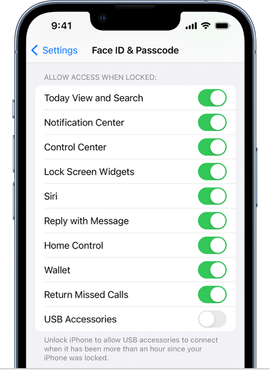 Face ID ja pääsykoodi ‑näyttö, jossa ovat asetukset tiettyjen ominaisuuksien käytön sallimiselle silloin, kun iPhone on lukittu.