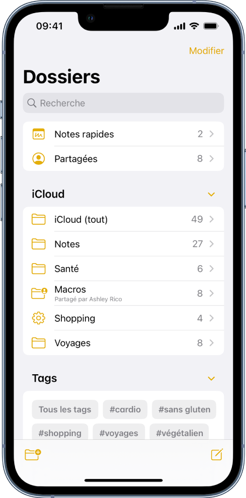 La liste Dossiers dans l’app Notes, avec le champ de recherche en haut.