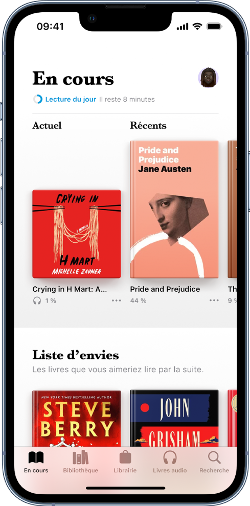 L’écran « En cours » dans l’app Livres. En bas de l’écran se trouvent, de gauche à droite, les onglets En cours, Bibliothèque, Librairie, Livres audio et Rechercher.