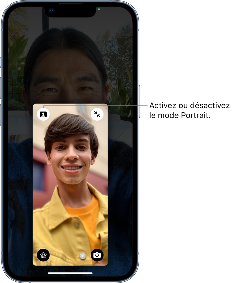 Un appel FaceTime avec la vignette du correspondant agrandie et un bouton dans le coin supérieur gauche de la vignette permettant d’activer ou de désactiver le mode Portrait.