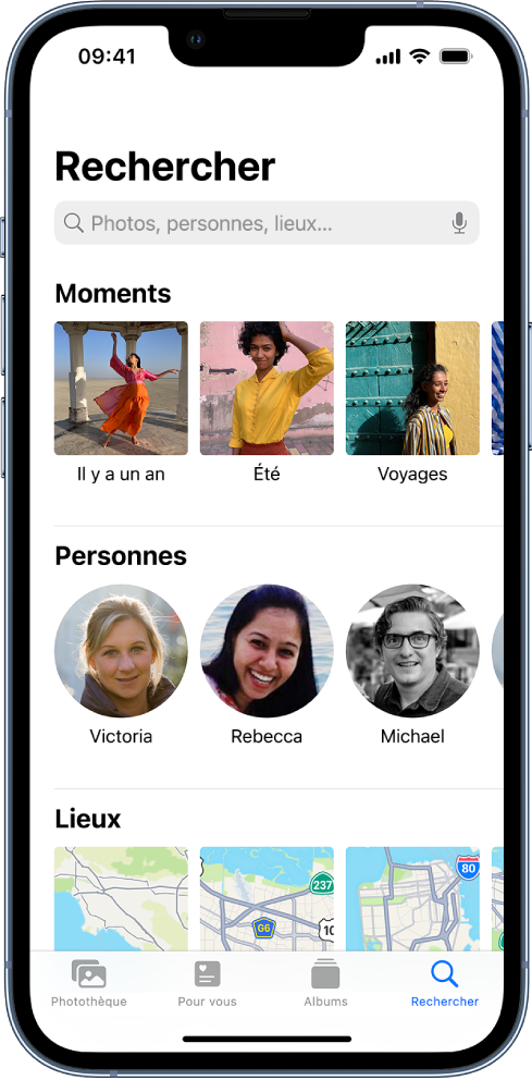Le bouton Rechercher sélectionné en bas de l’app Photos. En haut de l’écran se trouve le champ de recherche. De haut en bas, le reste de l’écran affiche : Moments, Personnes et Lieux.