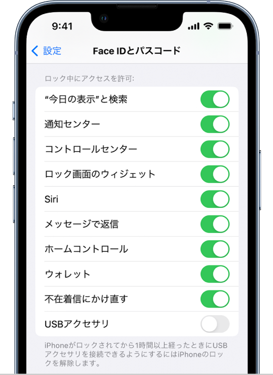 「Face IDとパスコード」画面。iPhoneがロックされているときに特定の機能へのアクセスを許可する設定が表示されています。