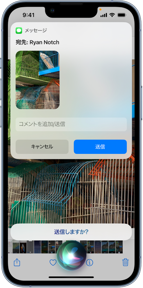 「写真」Appが開いていて、4人の人物が写っている写真が表示されています。写真の上には、母宛のメッセージがあります。画面の下部にはSiriが表示されてします。