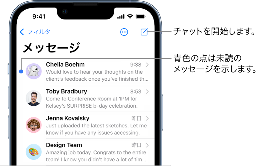 左上に「メッセージ」リスト、「フィルタ」ボタン、右上に「新規作成」ボタンがあります。メッセージの左側にある青い点は未開封であることを示します。